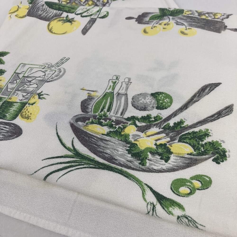 VTG Green & Yellow Food Printed 47.5” X 45.5” Mid Century 60s 70s Table Cloth